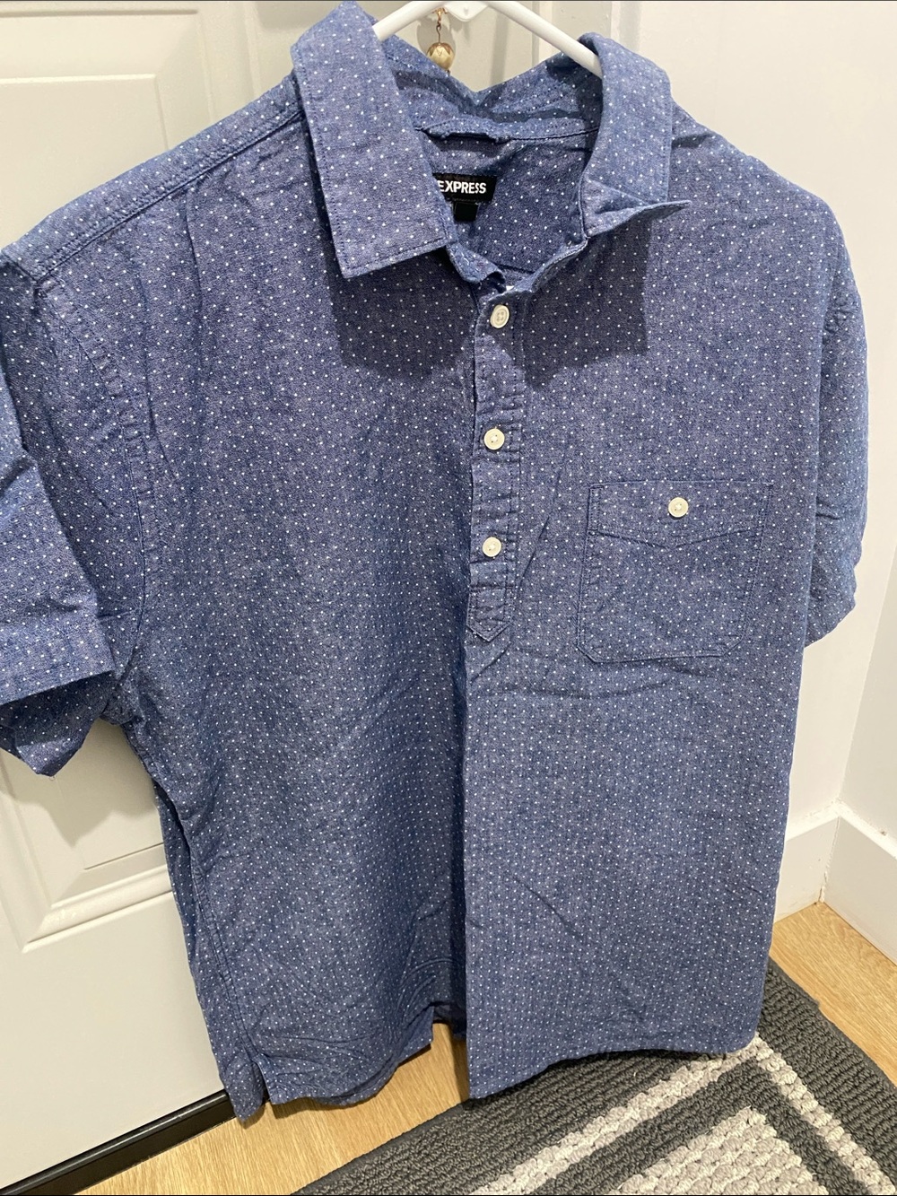 Express Short Sleeve Button-Down Shirt in Blue with Micro Dot Print